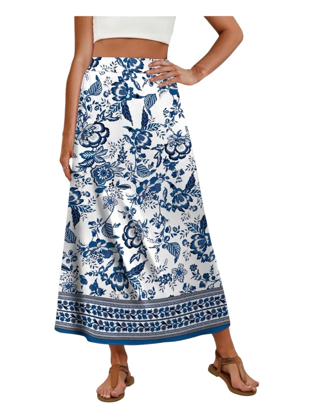 NWT Ofeefan Blue White Floral Maxi Skirt Bold Botanical Print | Size S